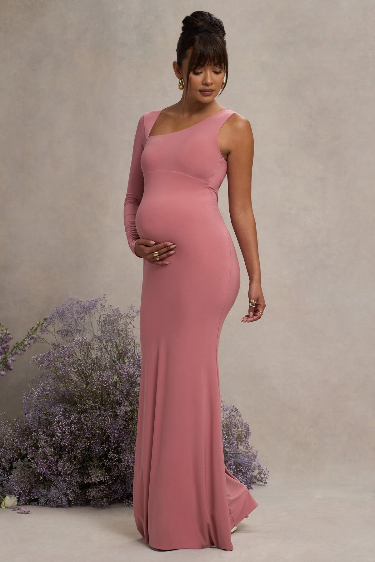 Oh Baby | Blush Maternity One Shoulder Bodycon Maxi Dress - Club L 