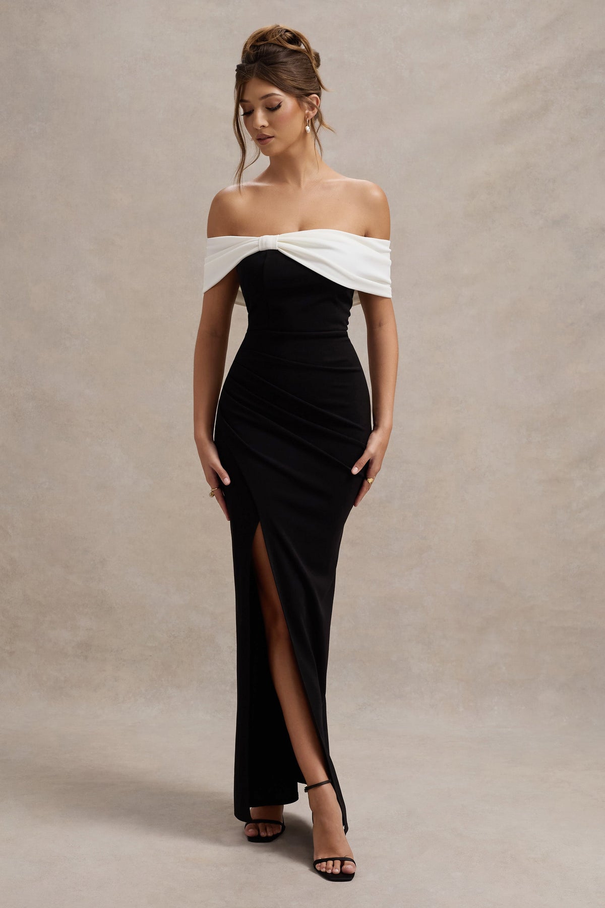 WB_HR_CL127770225-EvaBlack_WhiteBardotBowDetailMaxiDressWithThighSplit2