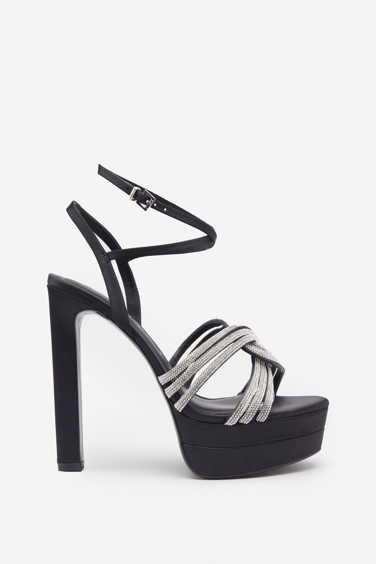 Doll Drama | Black Satin Diamante Strappy Platform Heels - Club L 
