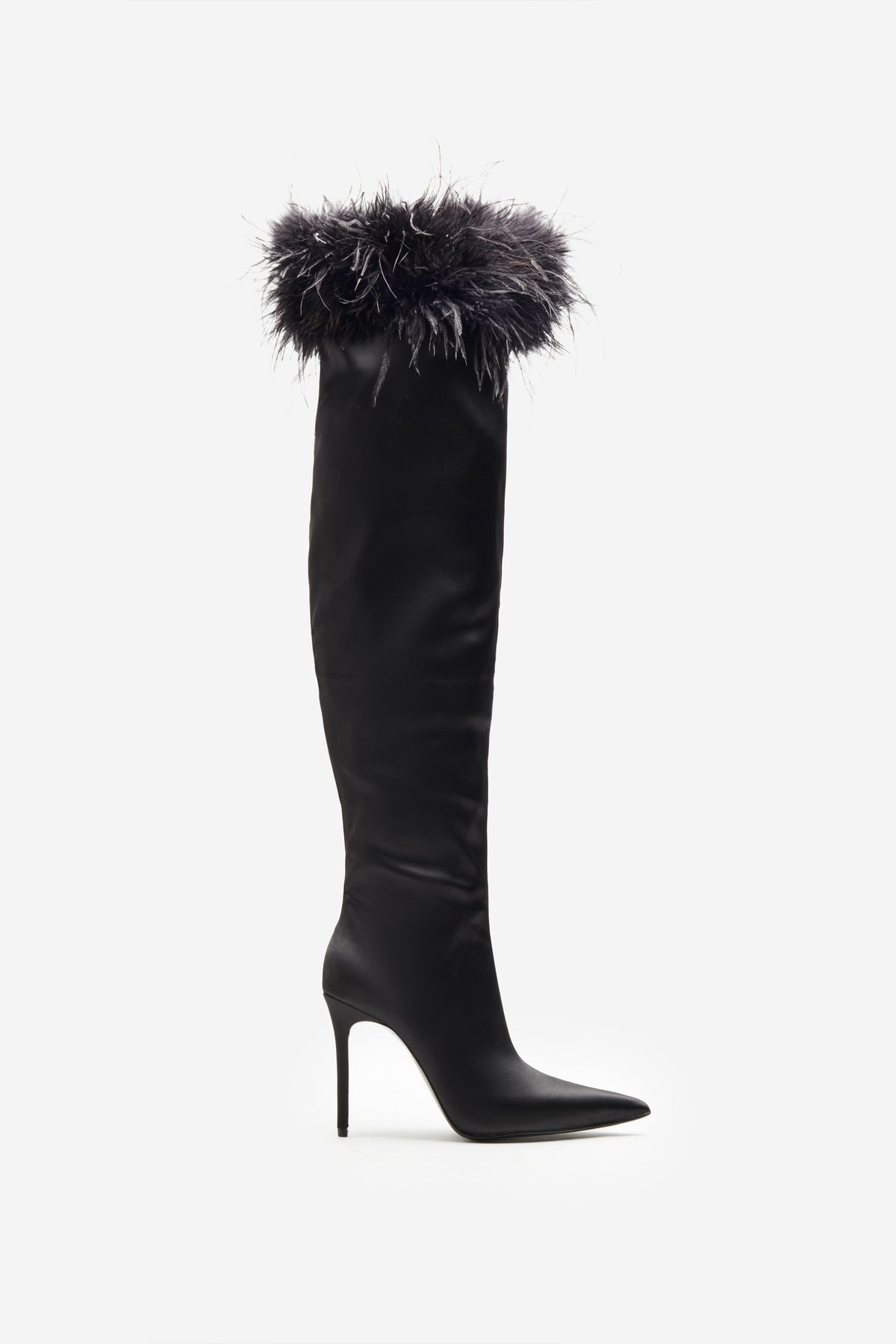 Soho | Black Satin Pointed Heeled Boots With Feather Trims - Club L 