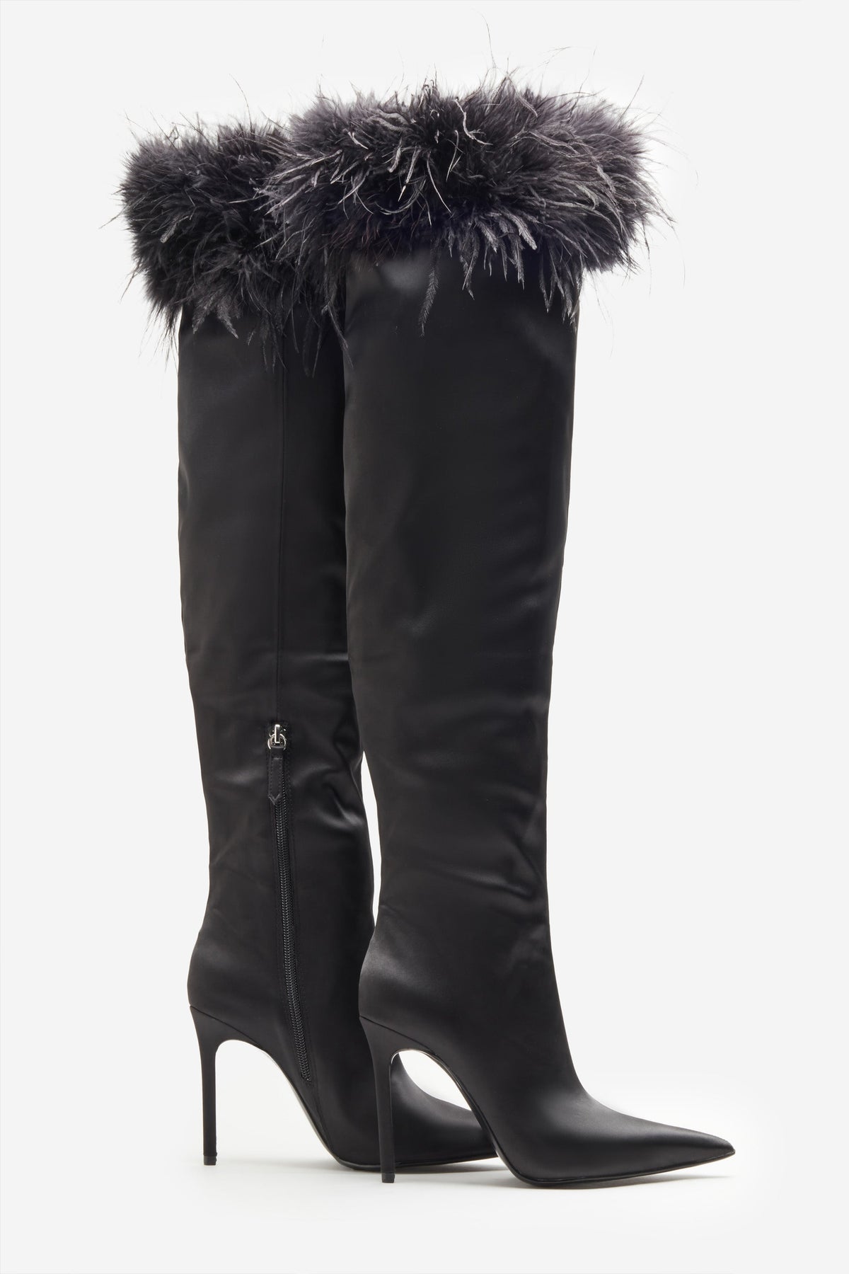 Soho | Black Satin Pointed Heeled Boots With Feather Trims - Club L 
