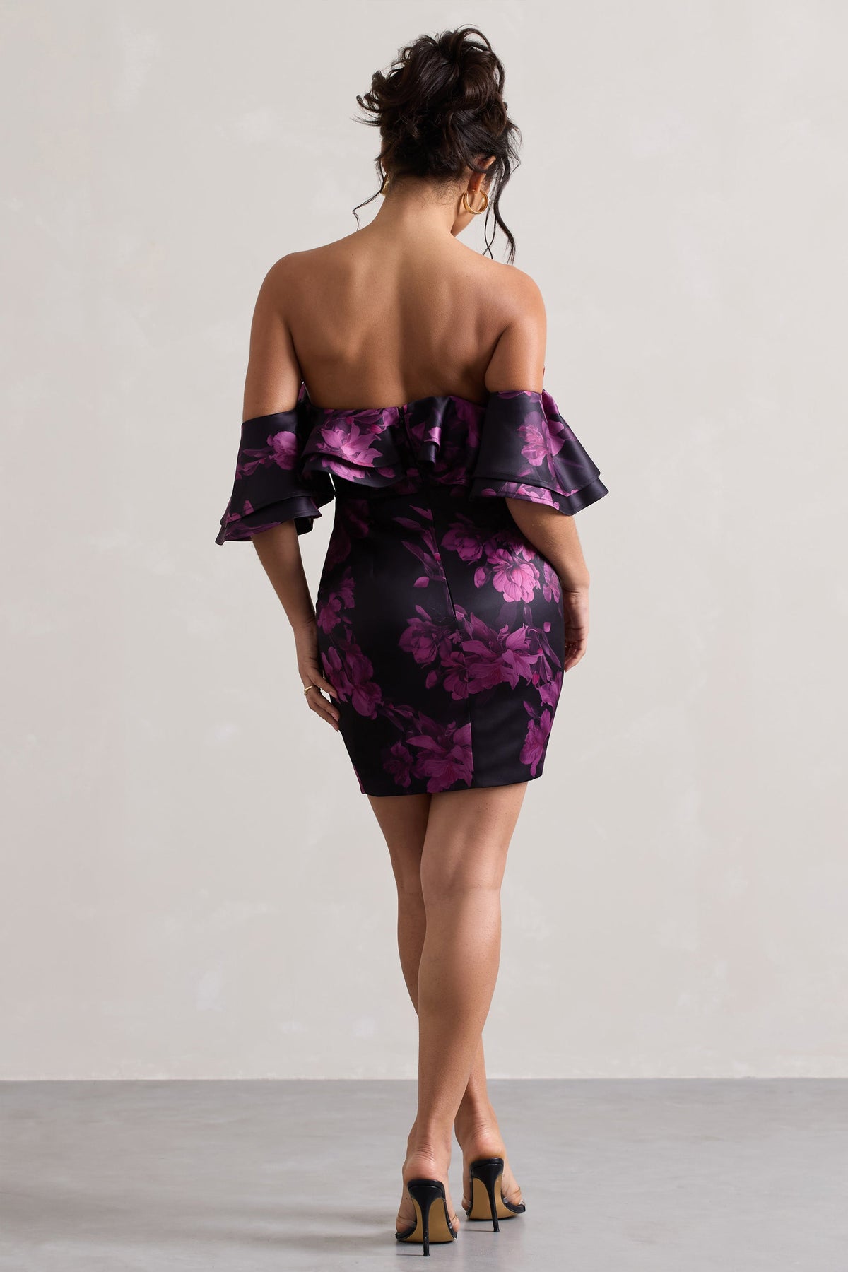 Aspen | Black Floral Print Bardot Mini Dress With Ruffles - Club L 