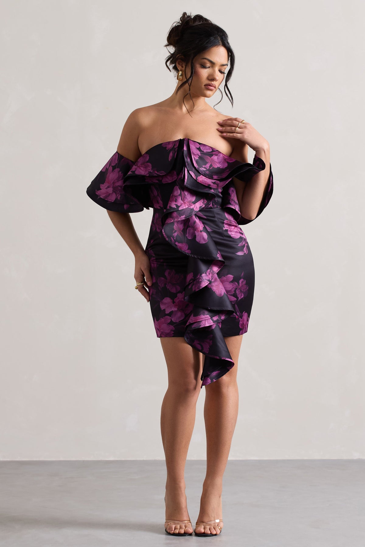 Aspen | Black Floral Print Bardot Mini Dress With Ruffles - Club L 