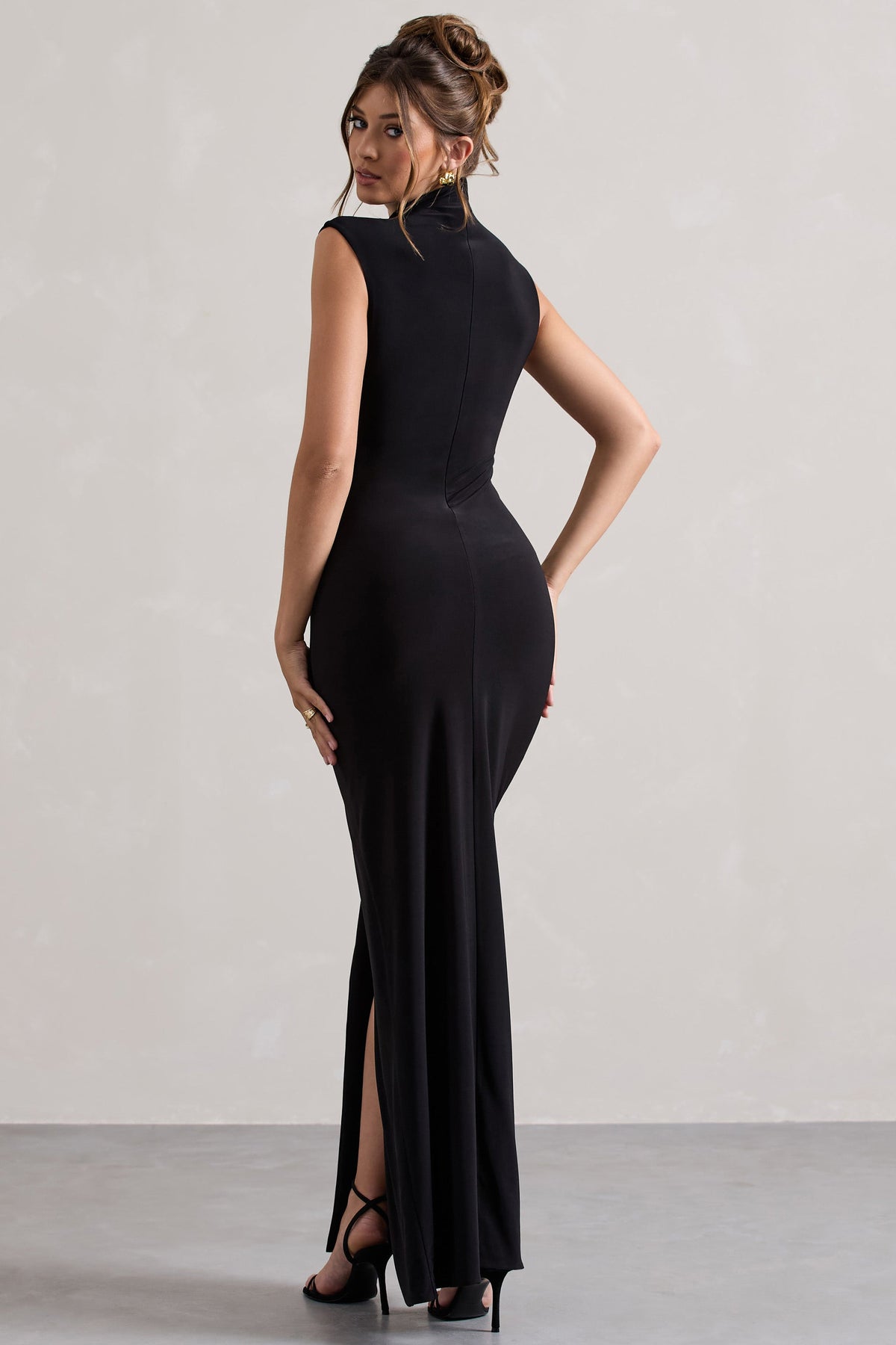 Lanetta | Black Ruched High-Neck Maxi Dress With Split - Club L 
