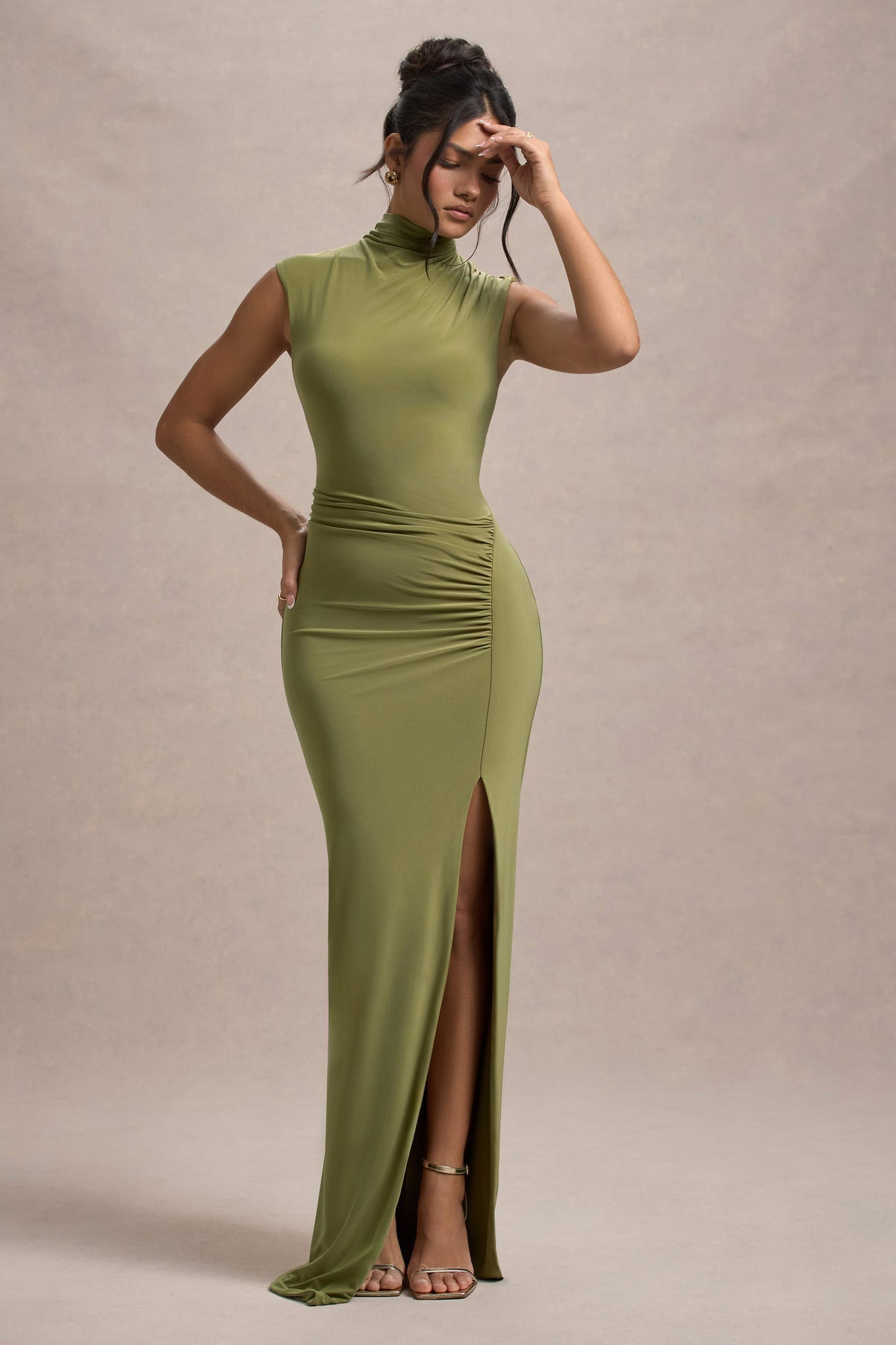 Lanetta | Olive Ruched High-Neck Maxi Dress With Split - Club L 