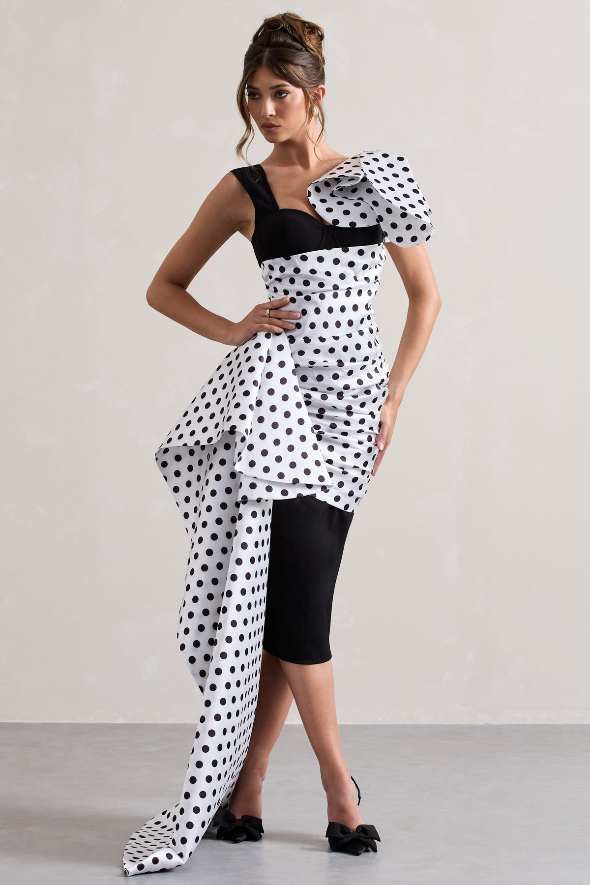 Unattainable | Black Polka Dot Wrap Midi Dress Volume Drape - Club L 