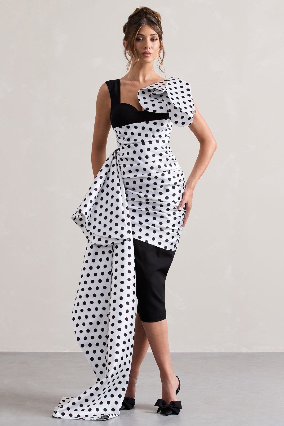 Unattainable | Black Polka Dot Wrap Midi Dress Volume Drape - Club L 