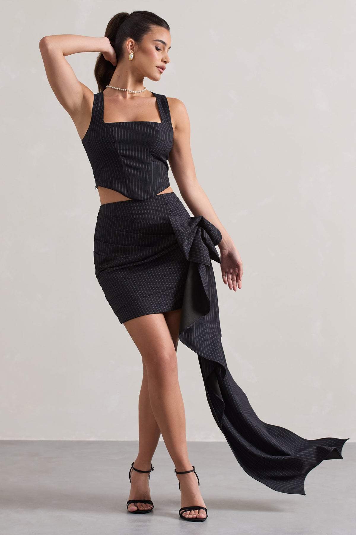 All The Talk | Navy Pinstripe Wrap Mini Skirt With Side Drape - Club L 