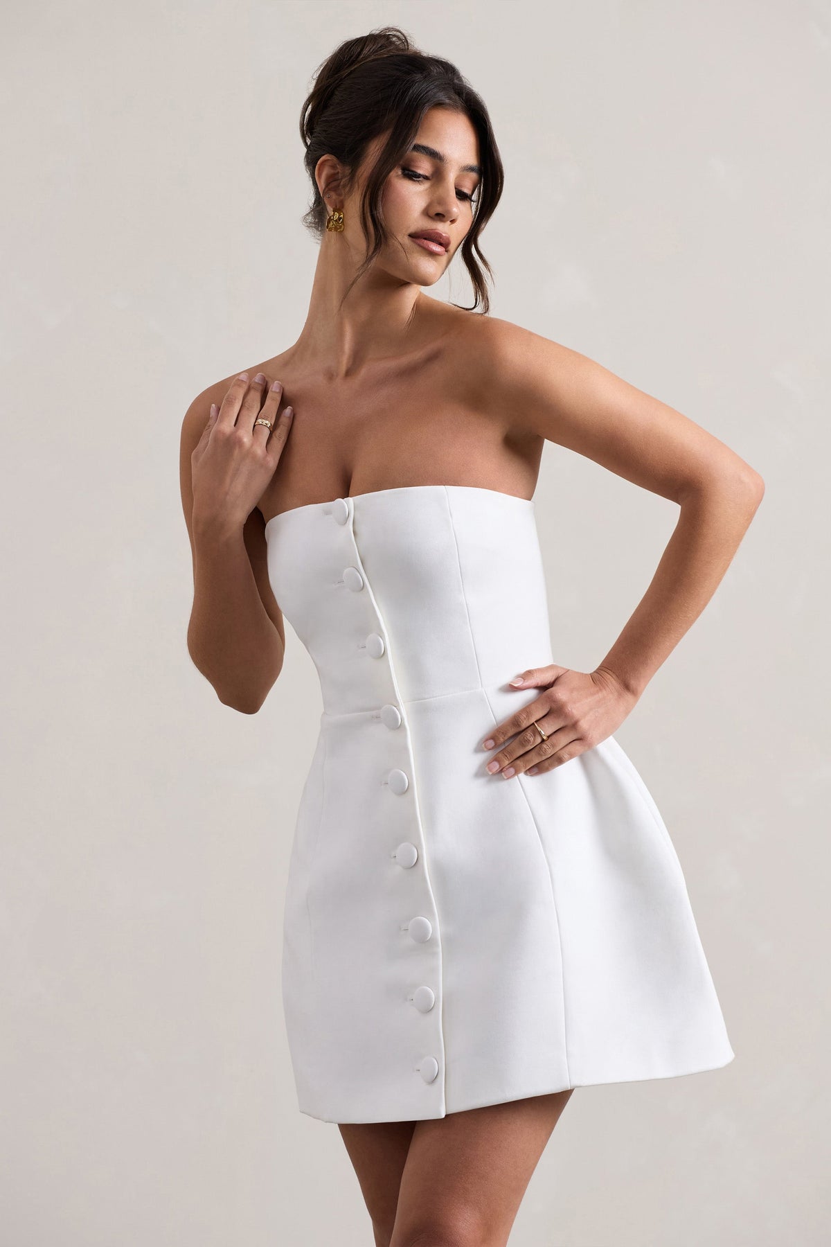 Anniston | White Bandeau Tailored Buttoned Mini Dress - Club L 