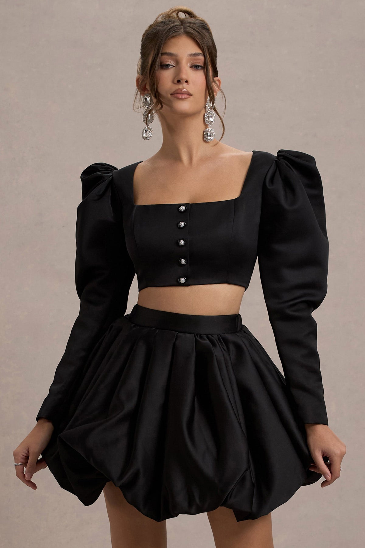 Eloisa | Black Satin Puff-Sleeve Cropped Jacket - Club L 