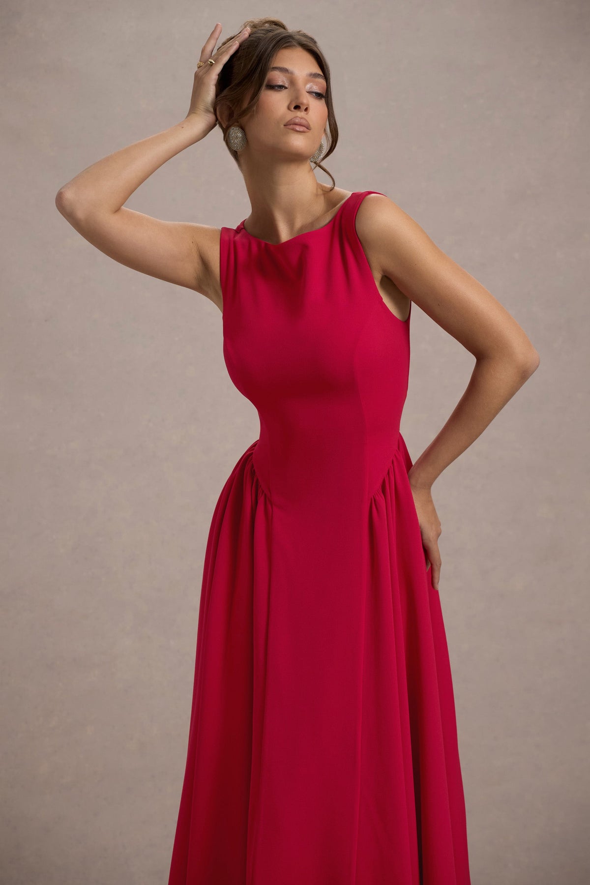 Muriel | Red Boat-Neck Volume-Hem Midi Dress - Club L 