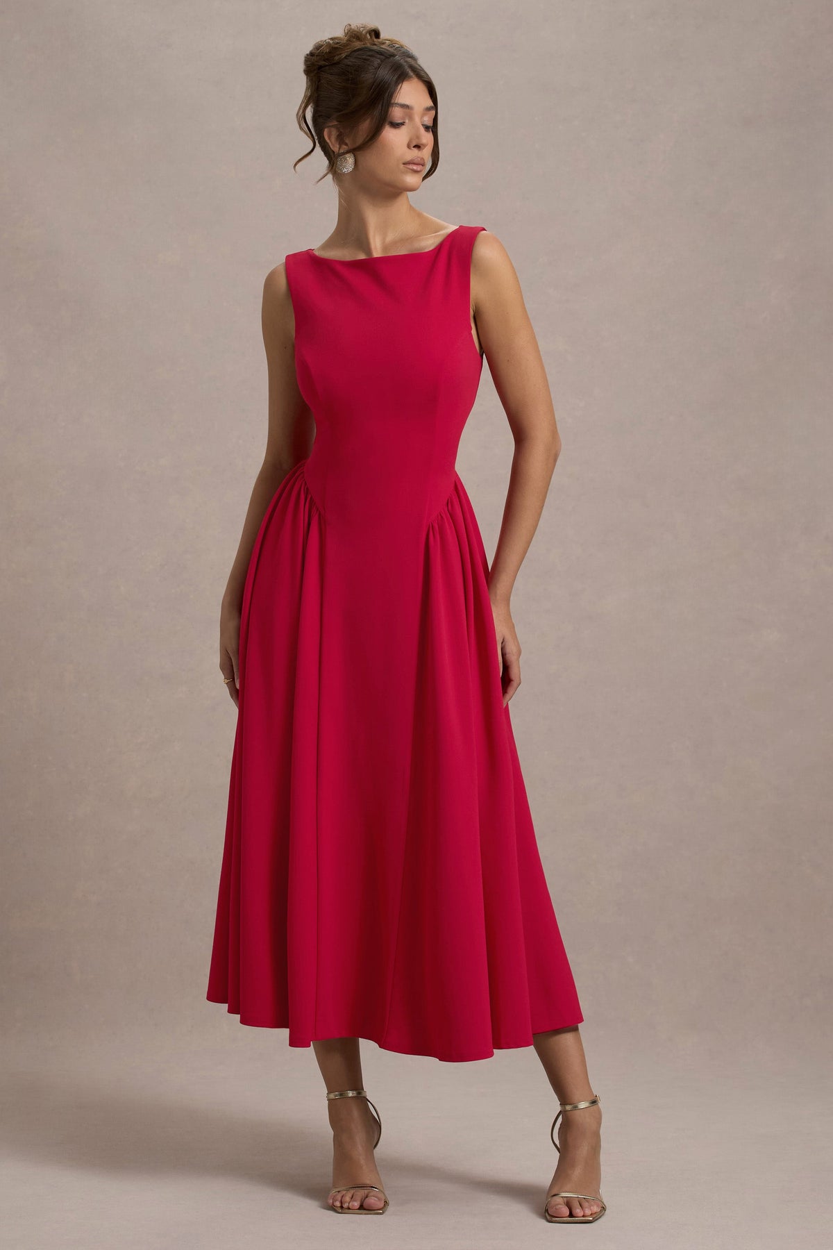 Muriel | Red Boat-Neck Volume-Hem Midi Dress - Club L 