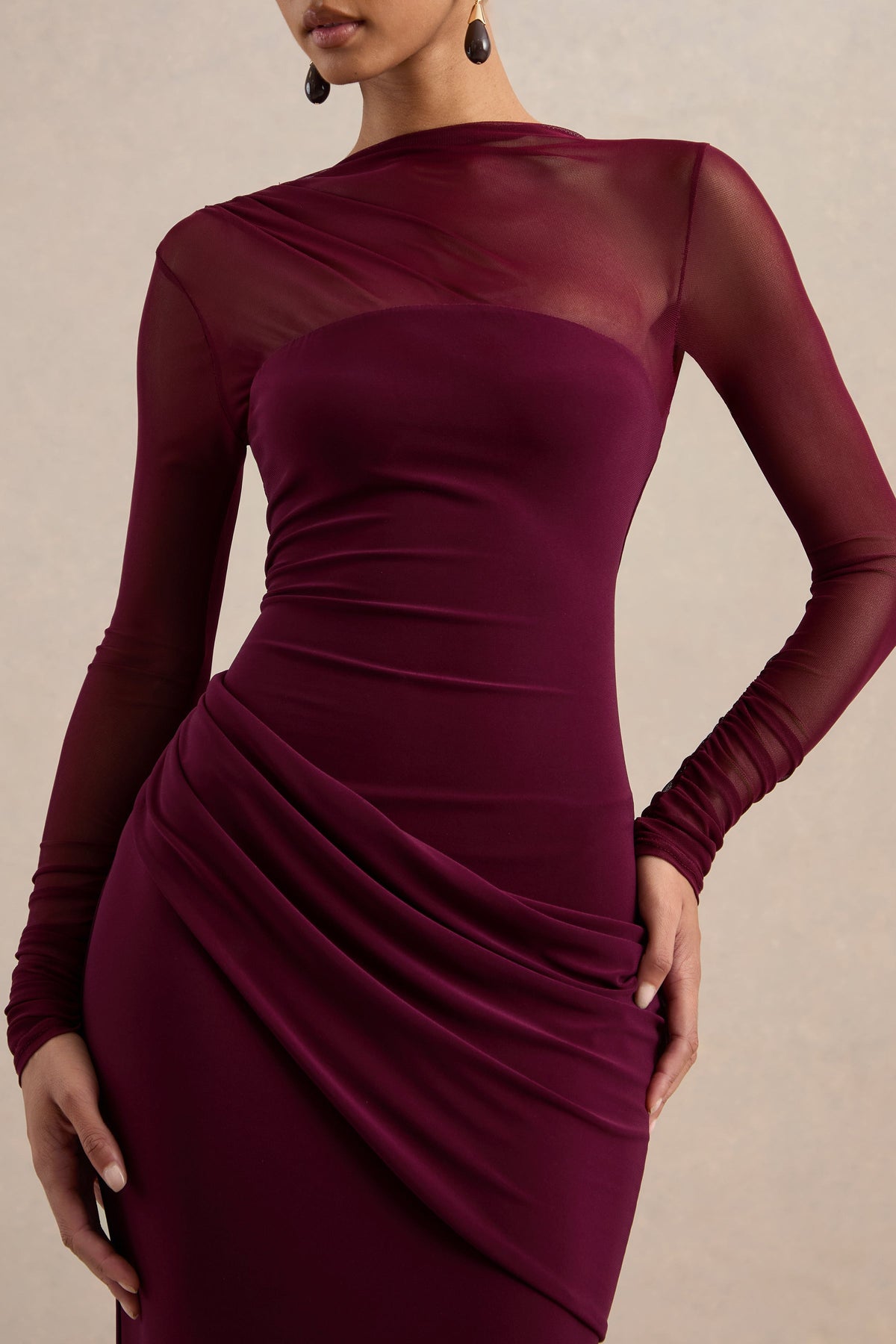 ECM_HR_CL136998102 Deema | Burgundy Jersey High Neck Long Sleeve Maxi Dress With Ruching (4).jpg