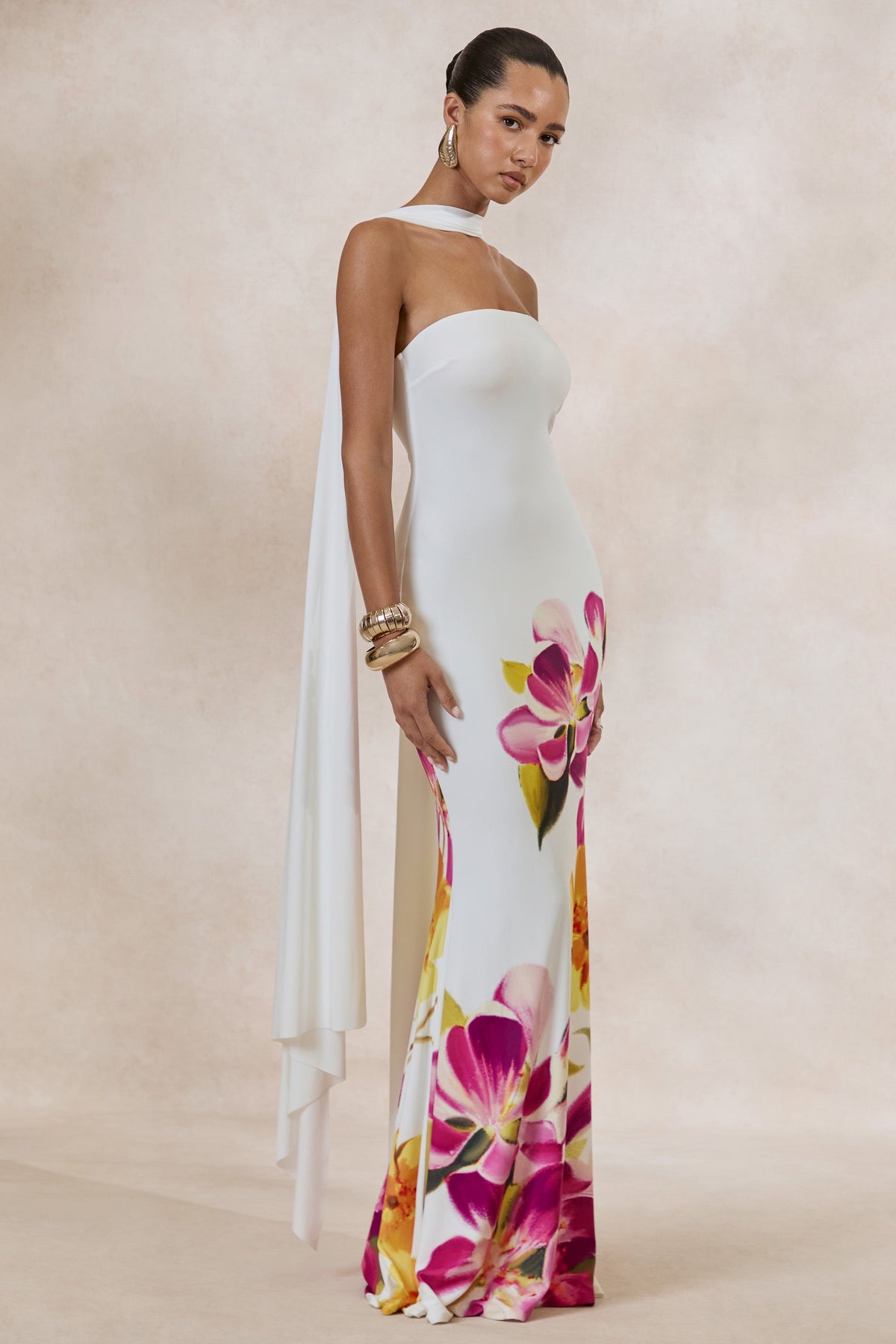 ECM_HR_CL137335112 - Brooke _ Hot Pink And Lemon Floral Print Bandeau Neck Maxi Dress With Scarf 2.jpg