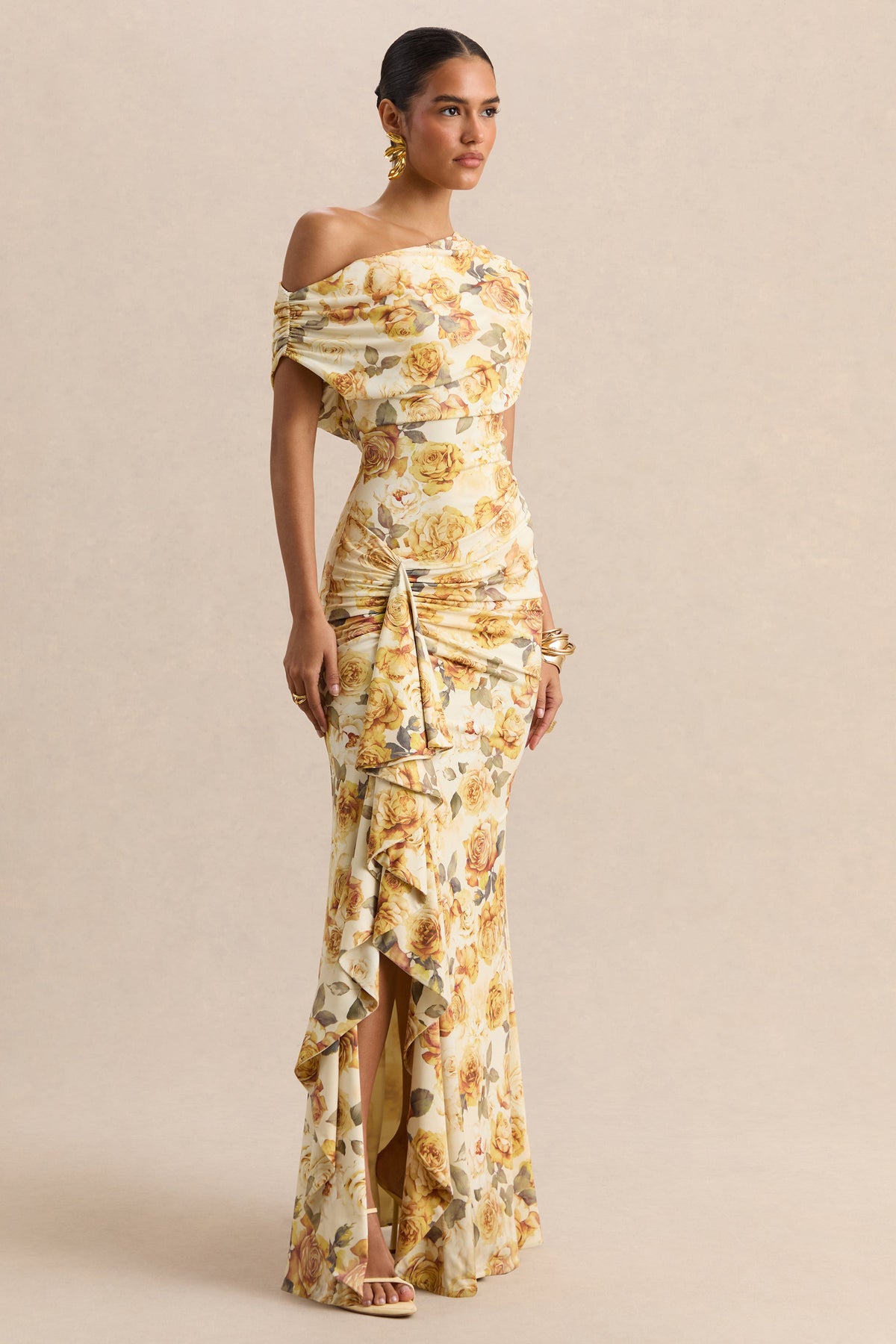ECM-HR-CL137337124 - Siora - Lemon Rose Print Asymmetric-Neck Maxi Dress With Draped-Detailing 01.jpg