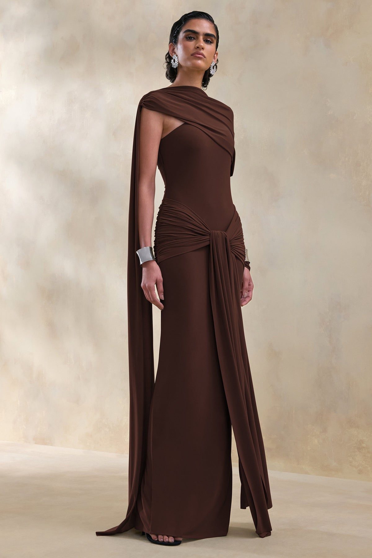 ECM_HR_CL137653022 - Trisara | Brown Asymmetric-Neck Maxi Dress With Gathered-Detailing And Sash 1.jpg