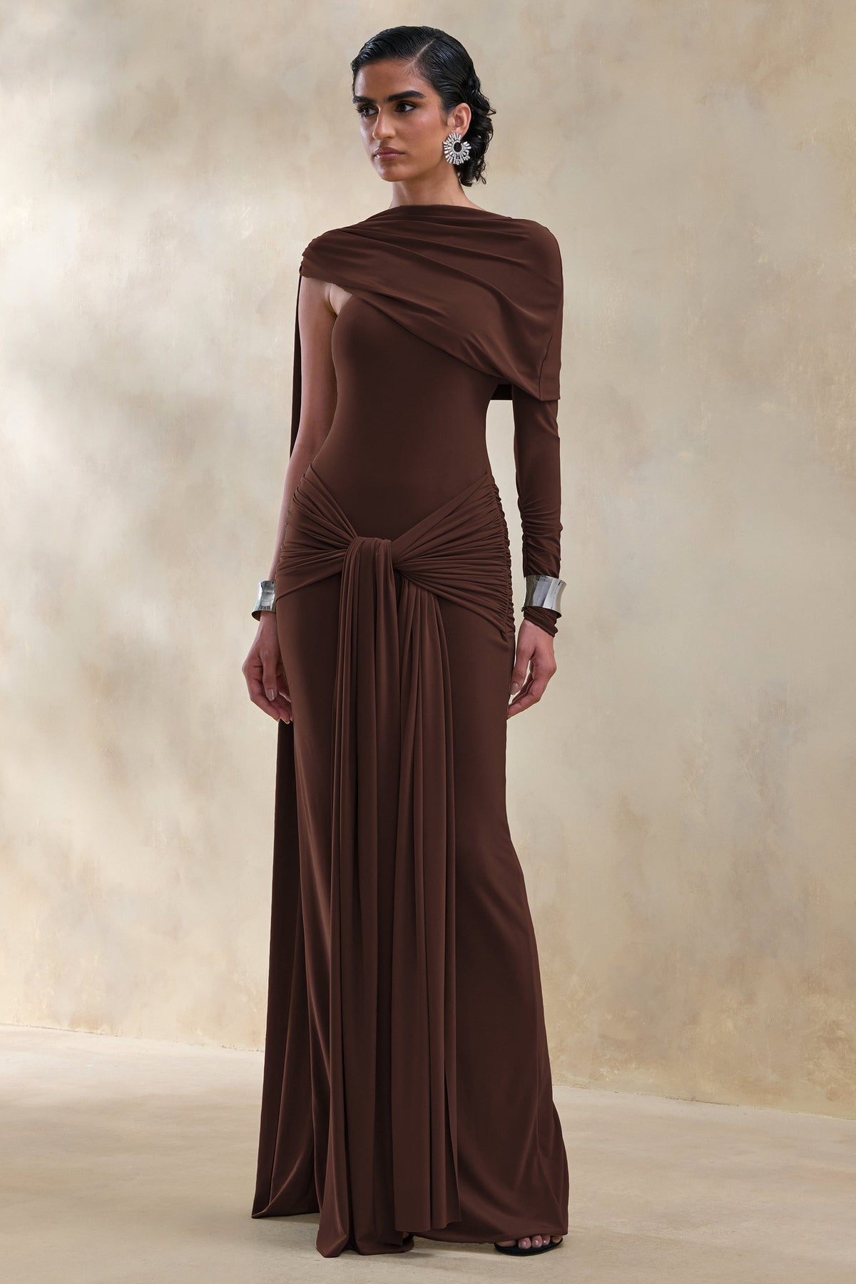 ECM_HR_CL137653022 - Trisara | Brown Asymmetric-Neck Maxi Dress With Gathered-Detailing And Sash 5.jpg