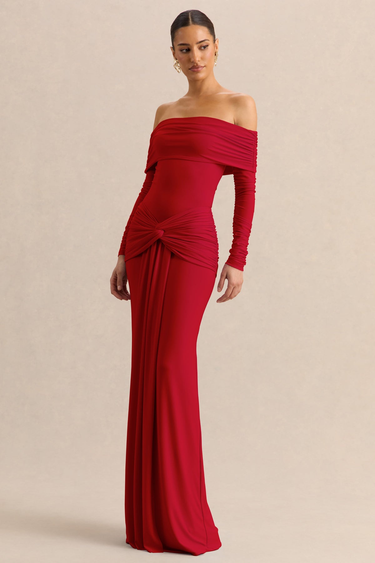 ECM_HR_CL137824100---Helia-_-Red-Bardot-Neck-Bodysuit-With-Ruched-Long-Sleeves-&-CL137840100---Flynne-_-Red-Wrapped-Maxi-Skirt-With-Sash_.jpg