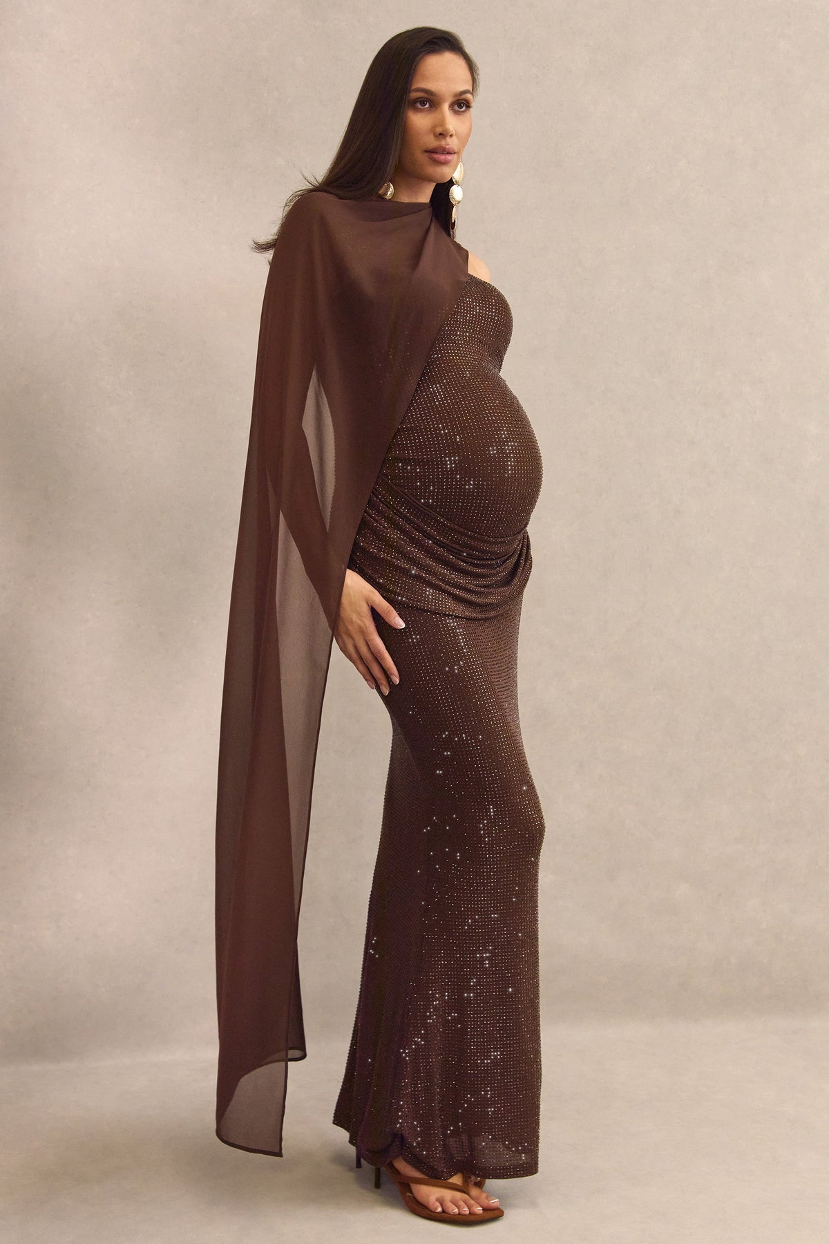 ECM_HR_CL138455022  - Ottoline Dark Brown Asymmetric-Neck Maternity Maxi Dress With Sheer Cape Detail1.jpg