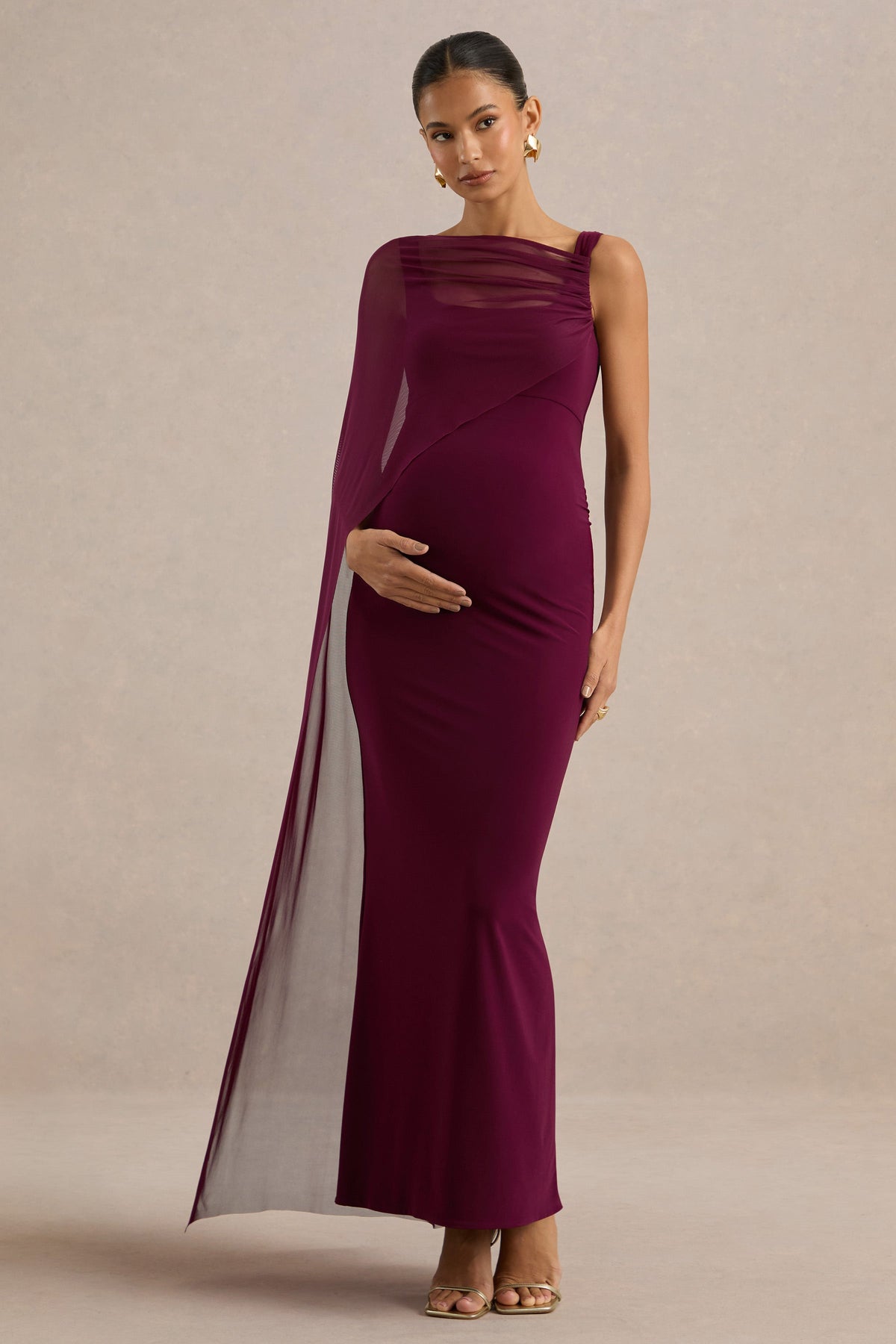 ECM_HR_CL138471102 - Camora | Burgundy Asymmetric-Neck Maternity Maxi Dress With Sheer Cape Sleeve1.jpg