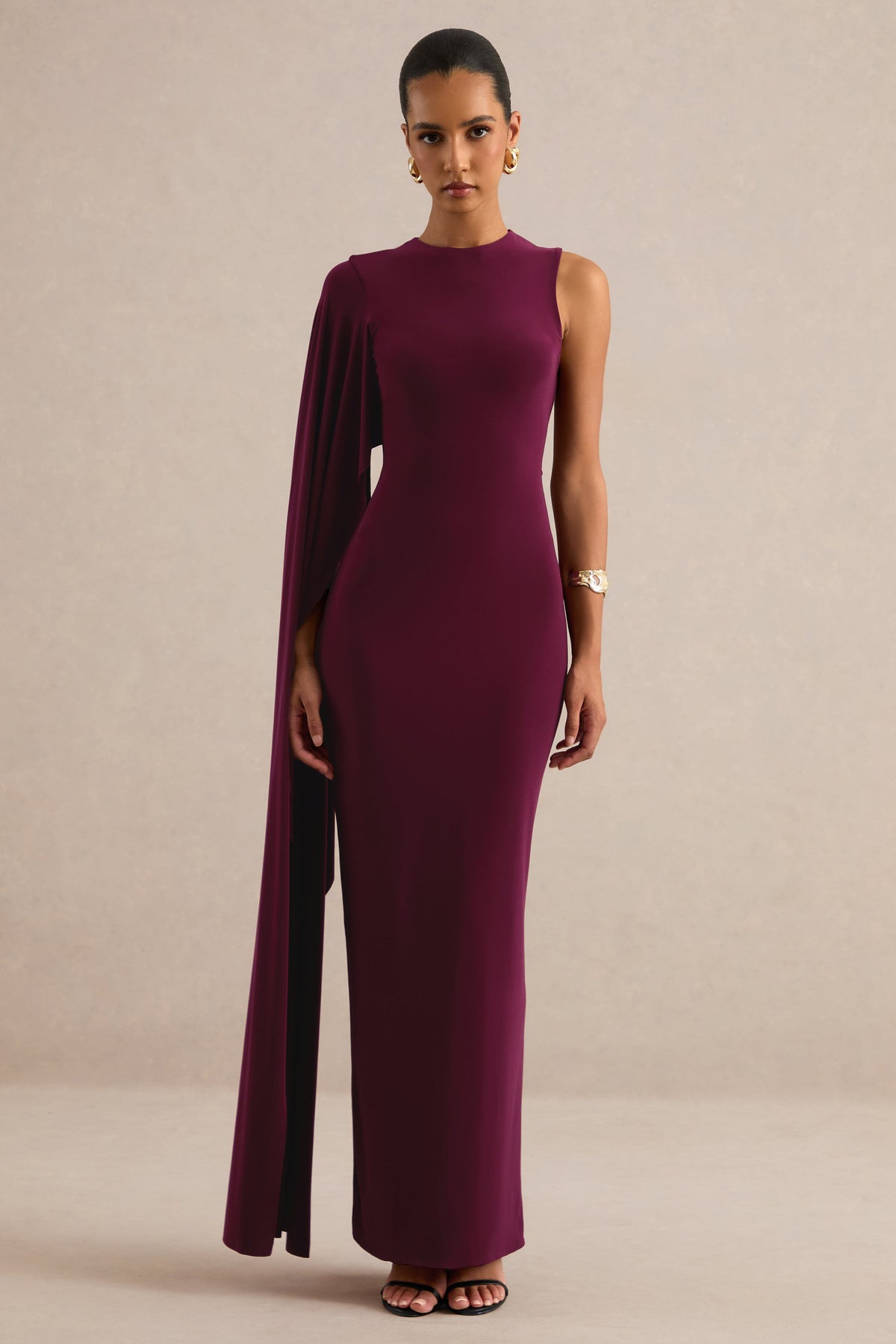 ECM_HR_CL138774102 - Maravelle | Burgundy Round-Neck Maxi Dress With Cape Sleeve 2.jpg