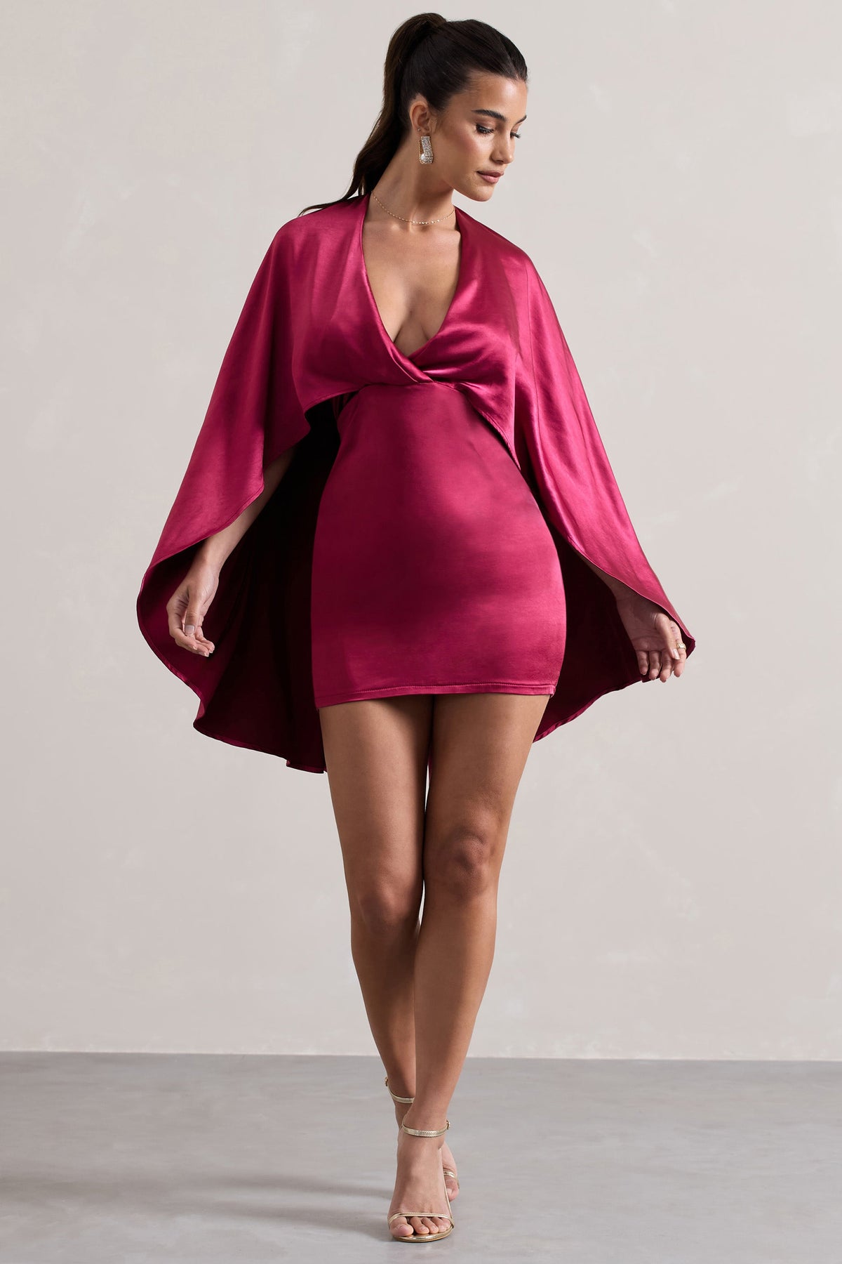 Olsen | Raspberry Satin Plunge-Neck Cape Mini Dress - Club L 