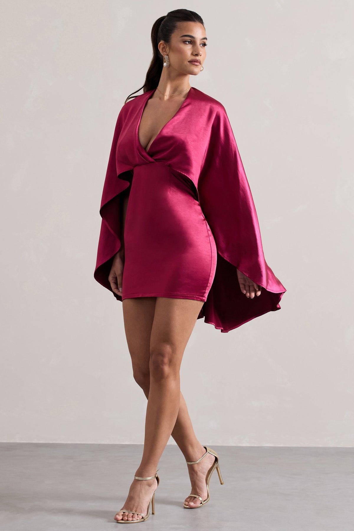 Olsen | Raspberry Satin Plunge-Neck Cape Mini Dress - Club L 