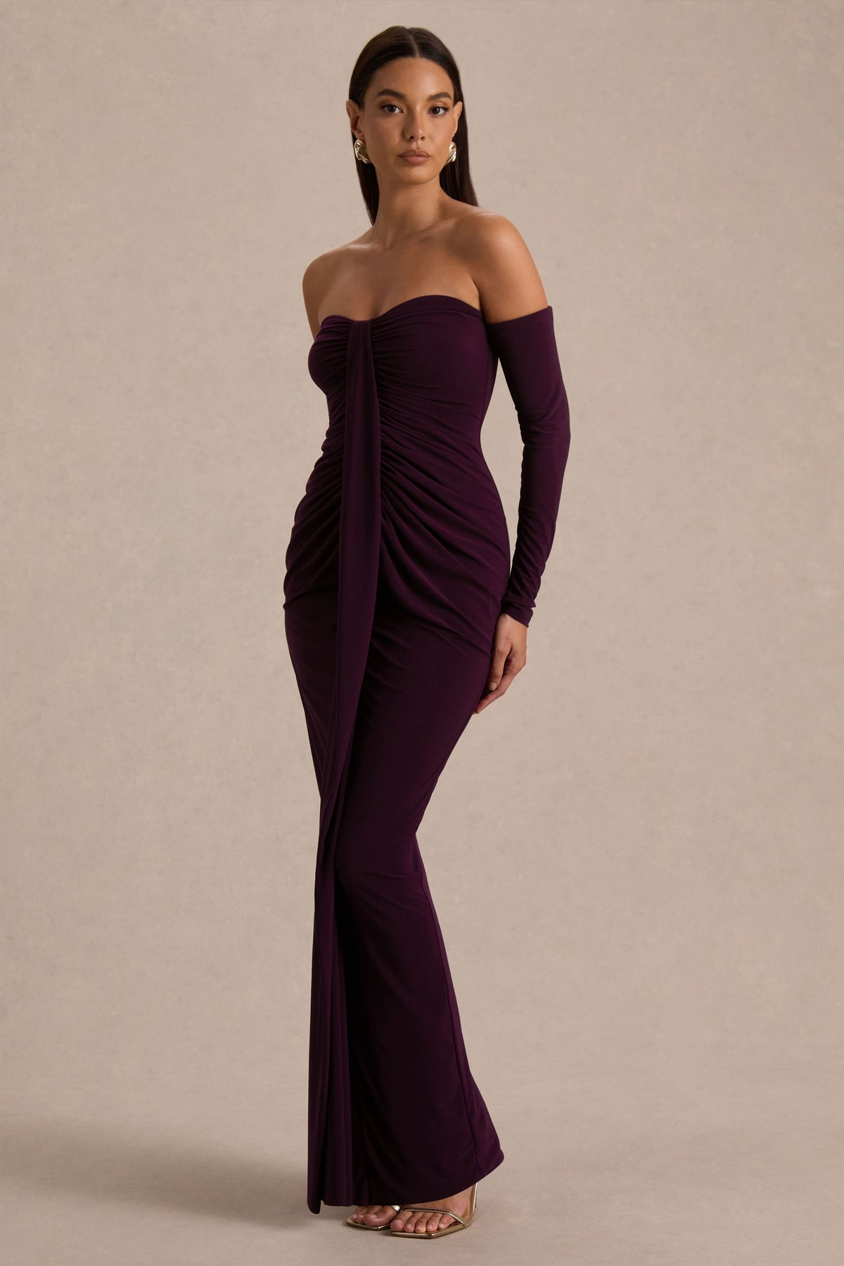 Harper | Pruim Bardot Hals Maxi Jurk