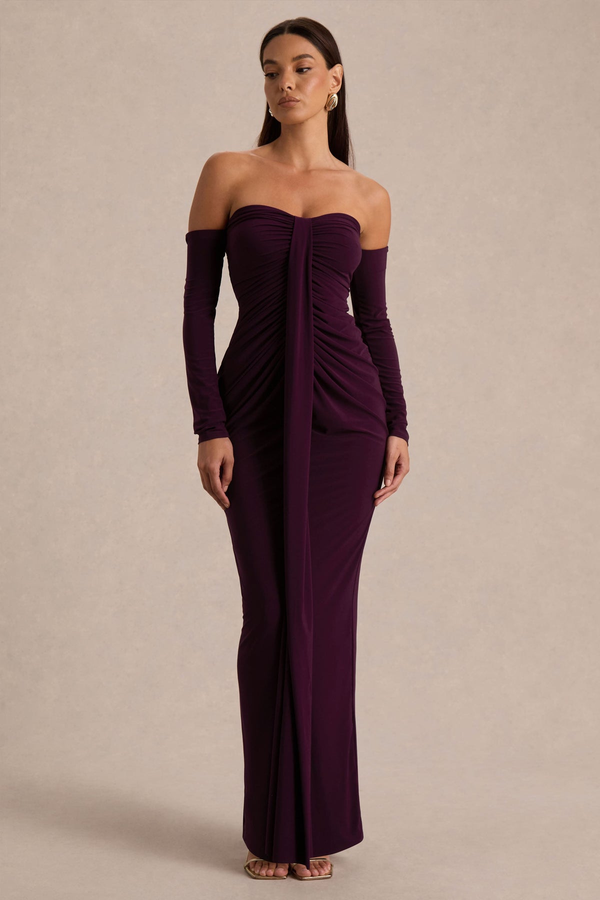 Harper | Pruim Bardot Hals Maxi Jurk
