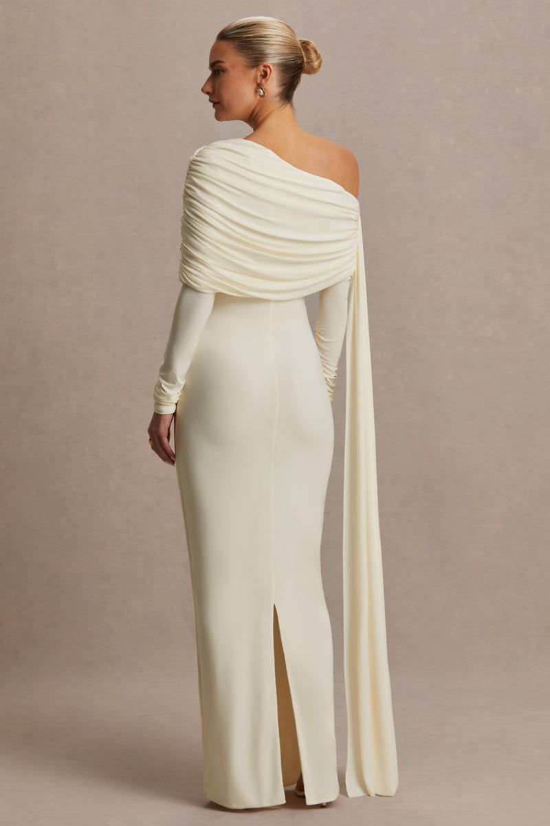 Cyra | Creme Asymmetrische Hals Maxi Jurk Met Ceintuur
